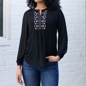 Cloth & Portrait Clip Dot V Neck Embroidered Long Sleeve Blouse Womens Size L